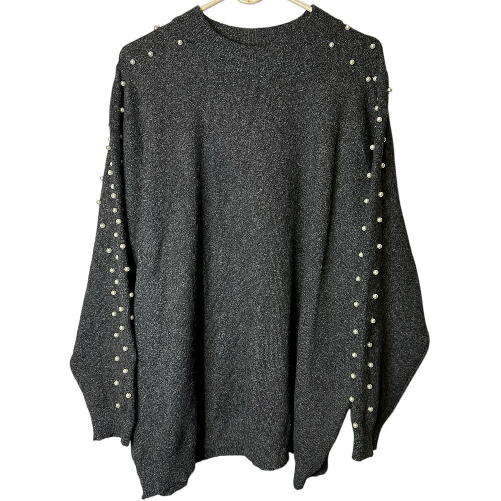 Junarose JRKAETA Long Sleeve Knit Sweater Gray Pearl Embellished Plus 3X Holiday